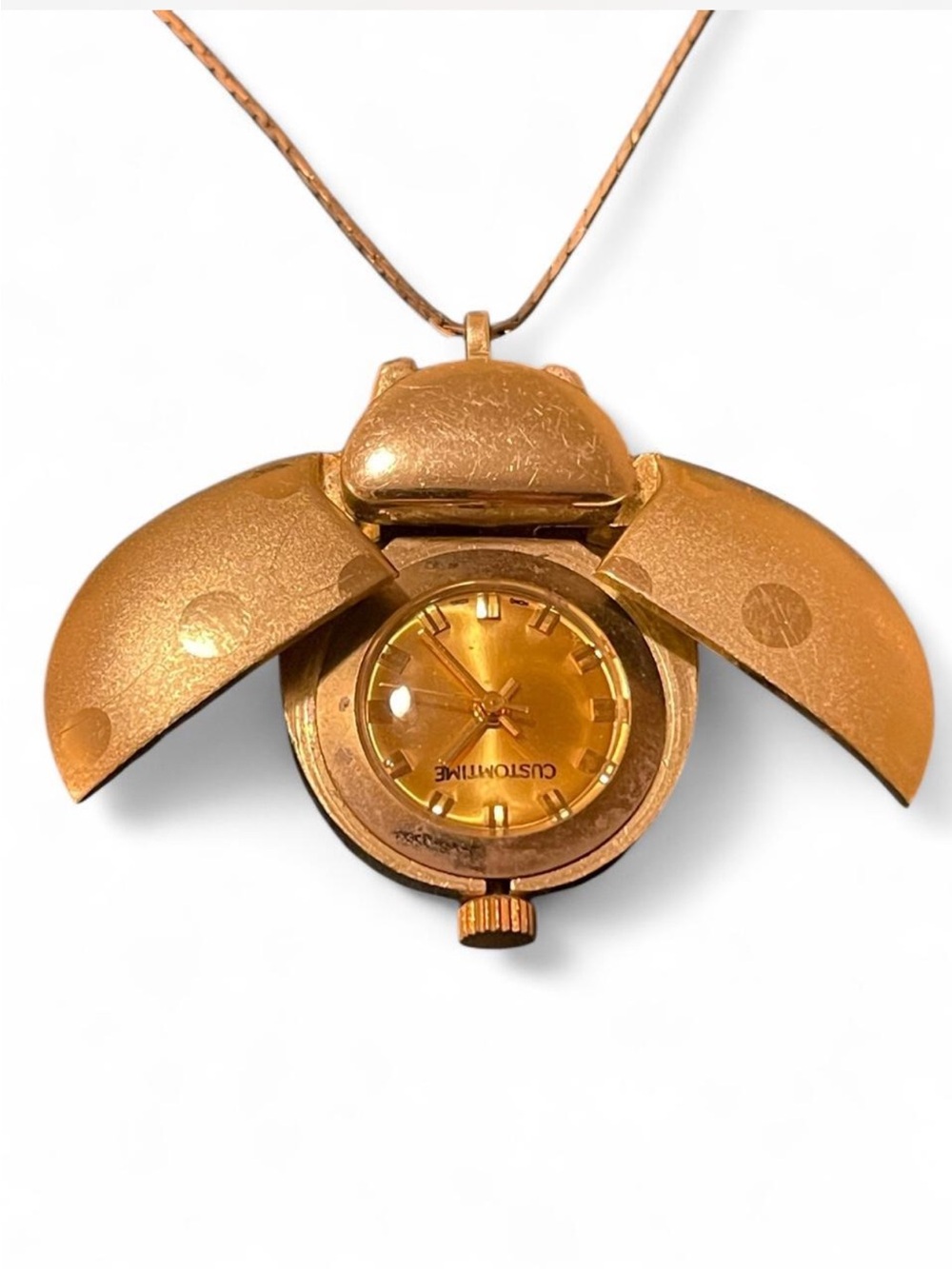 Vintage Customtime Gold Tone Ladybug Pendant Watch Necklace